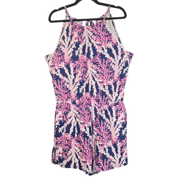 Lilly Pulitzer Romper Womens Large Coral Print Pockets Halter Coastal Beach Swim - Picture 1 of 9